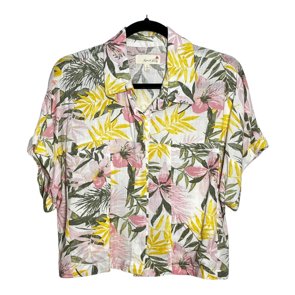 April King Womens Tropical Floral Linen Blend Button Front Shirt Pink Yellow S